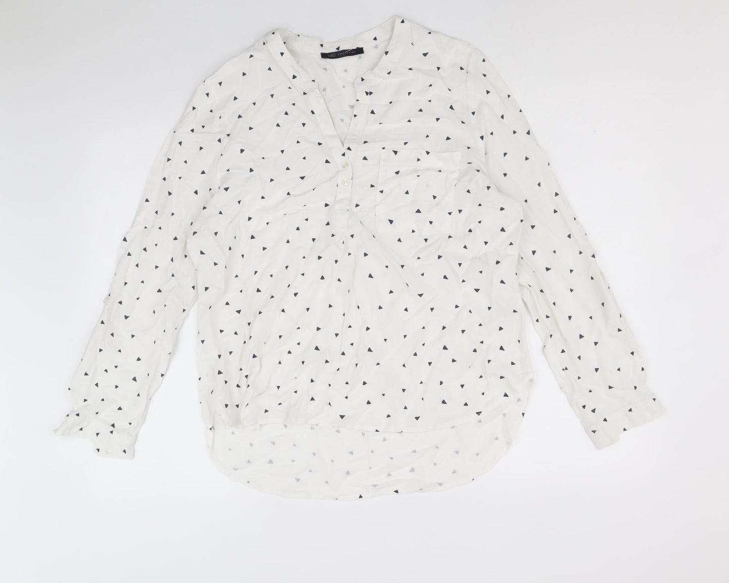 Marks and Spencer Womens White Geometric Viscose Basic Button-Up Size 14 V-Neck