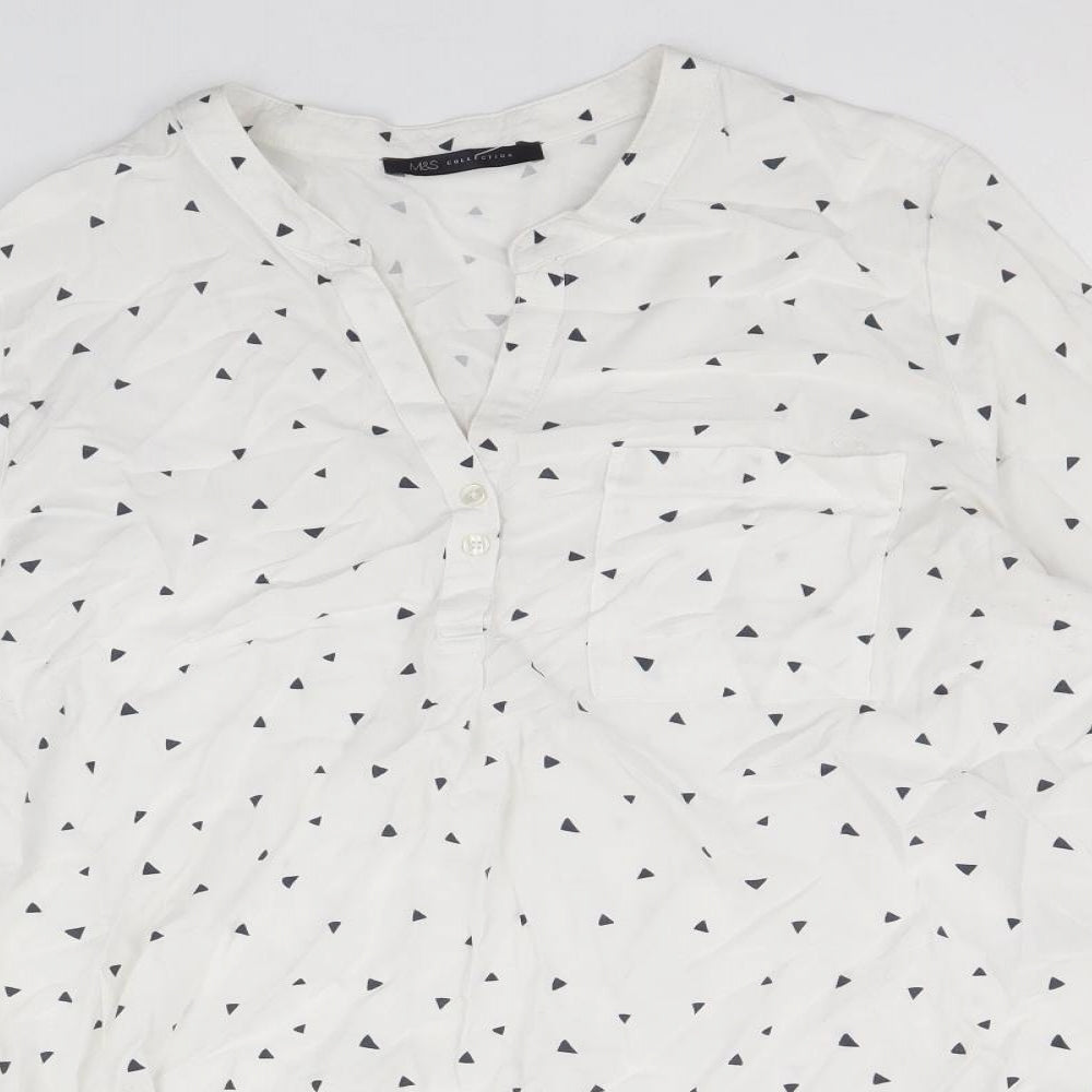 Marks and Spencer Womens White Geometric Viscose Basic Button-Up Size 14 V-Neck