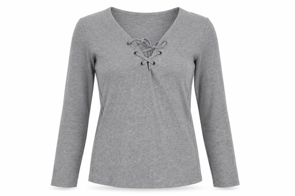 Miss Selfridge Womens Grey Polyacrylate Fibre Basic T-Shirt Size 10 V-Neck - Lace Up Front Detail