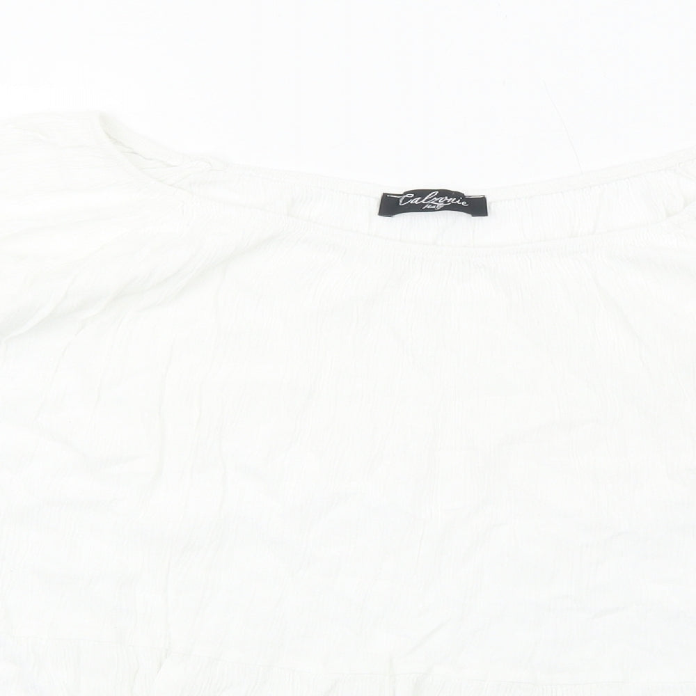 Calzorie Womens White Viscose Basic T-Shirt Size M Round Neck