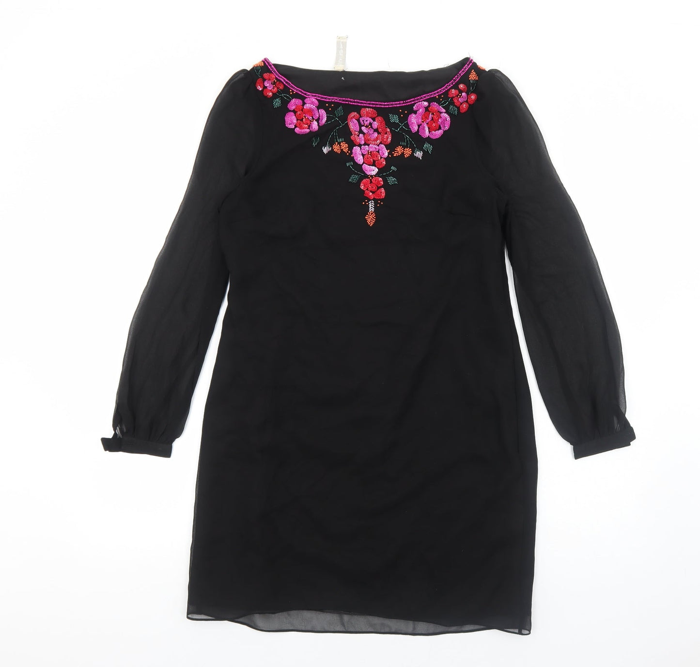 Teatro Womens Black Polyester A-Line Size 10 Boat Neck Zip - Flower