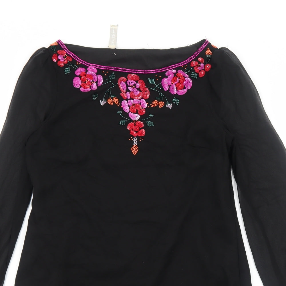 Teatro Womens Black Polyester A-Line Size 10 Boat Neck Zip - Flower