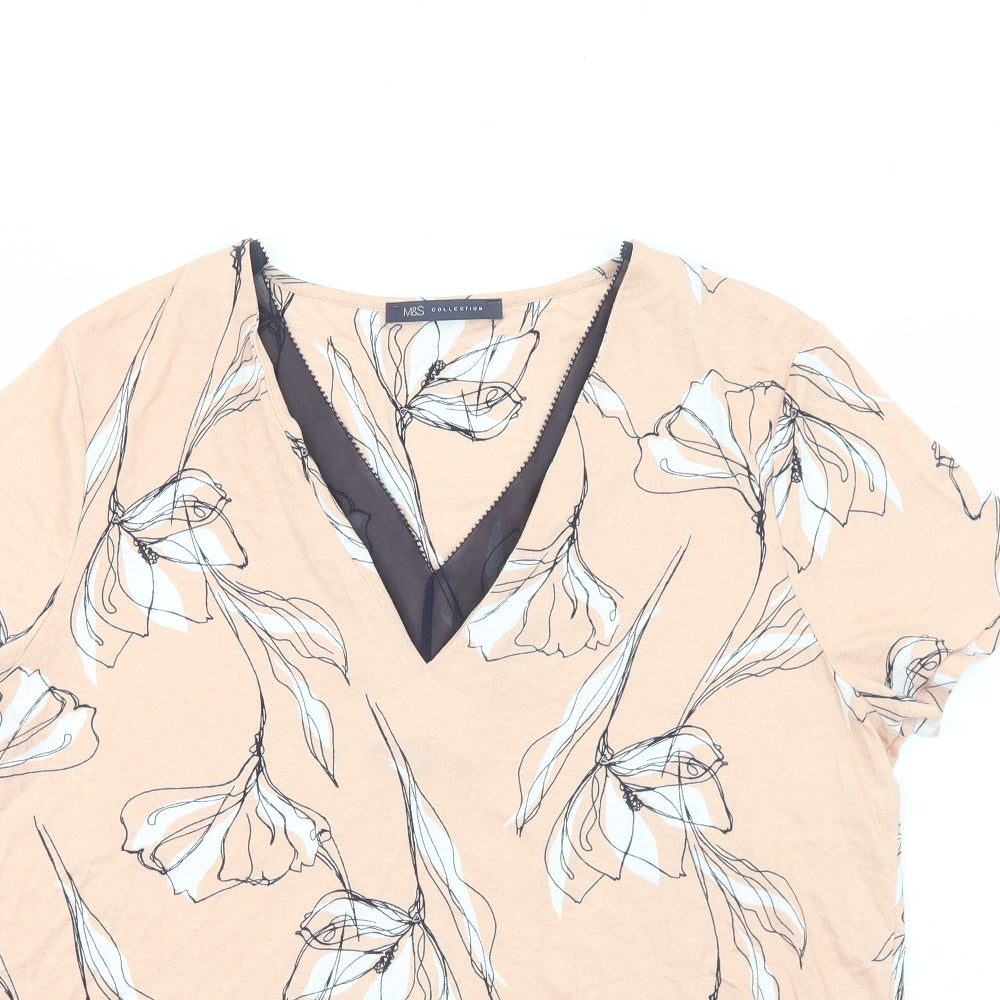 Marks and Spencer Womens Pink Floral Viscose Basic Blouse Size 12 V-Neck