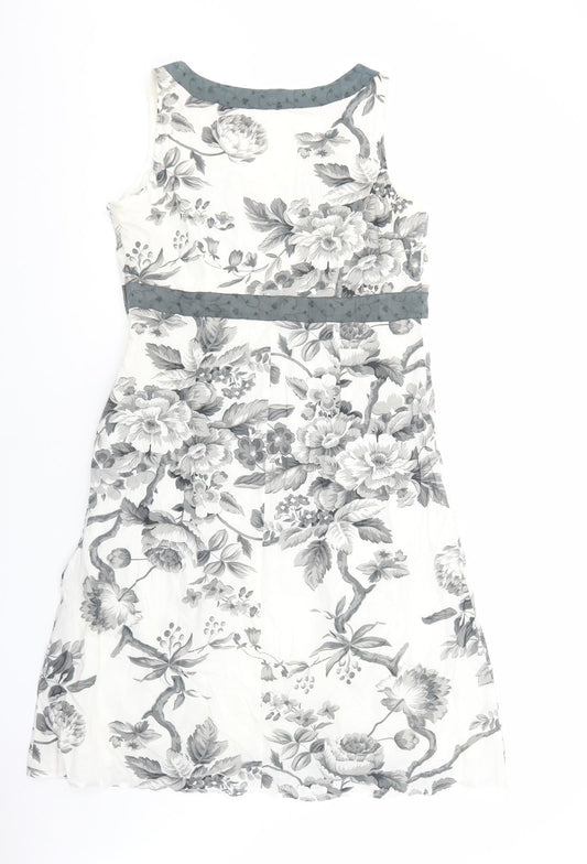 Preworn Womens White Floral Cotton A-Line Size L V-Neck Zip