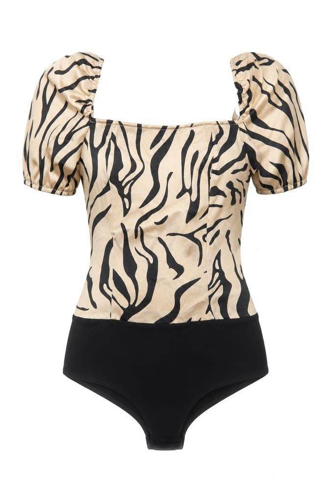 Quiz Womens Beige Animal Print Polyester Bodysuit One-Piece Size 8 Zip - Tiger Print
