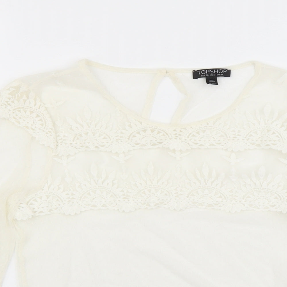 Topshop Womens Ivory Polyester Cropped Blouse Size 10 Scoop Neck - Lace Details