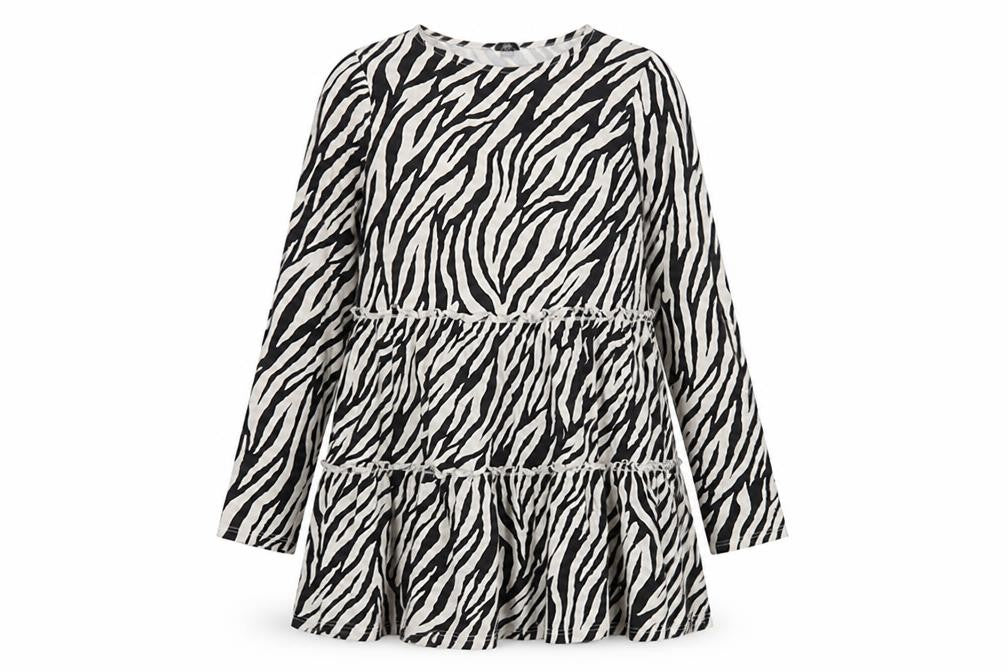 River Island Womens Black Animal Print 100% Cotton A-Line Size 14 Boat Neck Pullover - Zebra Print Tiered