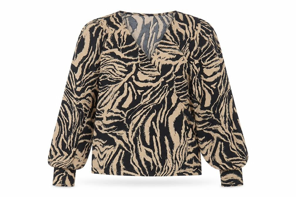 ICHI Womens Brown Animal Print Polyester Basic Blouse Size S V-Neck - Tiger Pattern