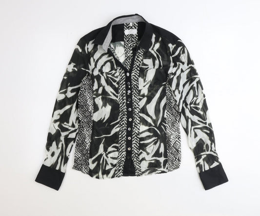 OFF!-White Womens Black Geometric Polyester Basic Button-Up Size 8 Collared