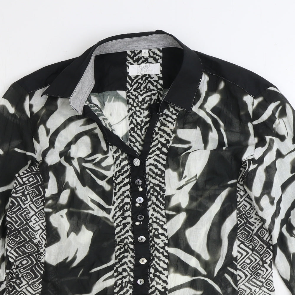 OFF!-White Womens Black Geometric Polyester Basic Button-Up Size 8 Collared