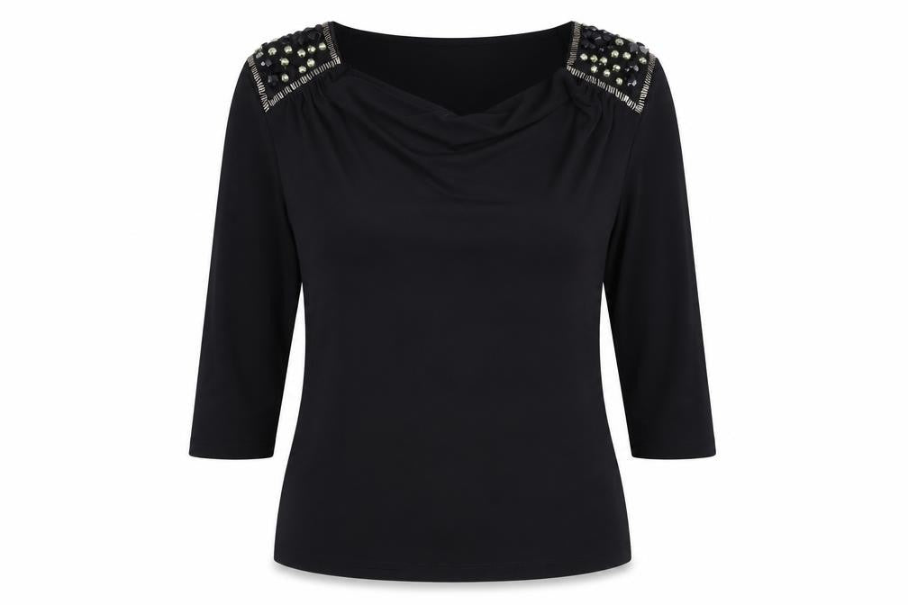 Country Casuals Womens Black Polyester Basic T-Shirt Size M Cowl Neck - Shoulder Detail