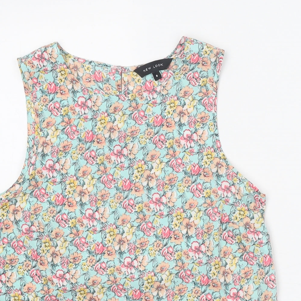 New Look Womens Green Floral Polyester Basic Tank Size 8 Round Neck
