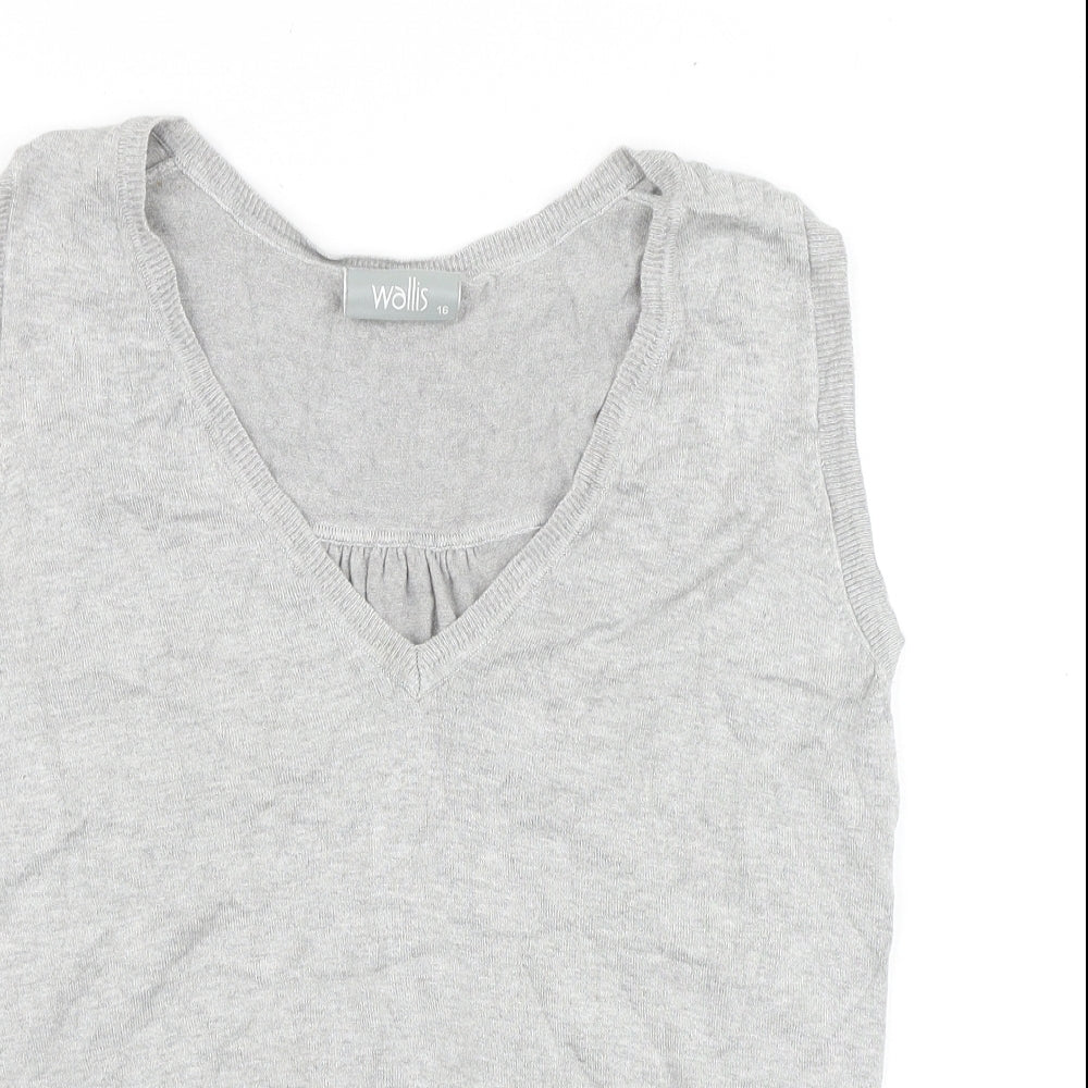 Wallis Womens Grey Cotton Basic Tank Size 16 V-Neck