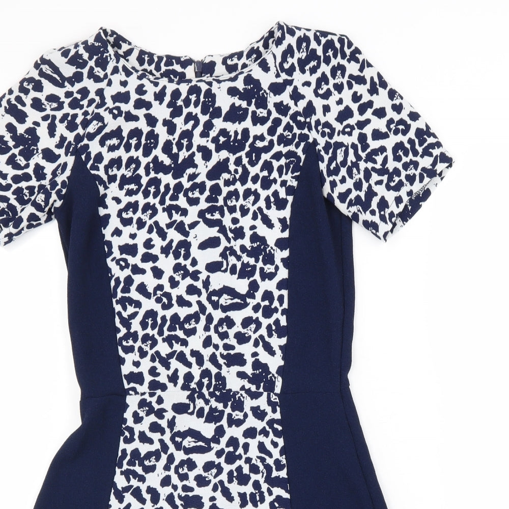 Atmosphere Womens Blue Animal Print Polyester A-Line Size 6 Round Neck Zip - Leopard print