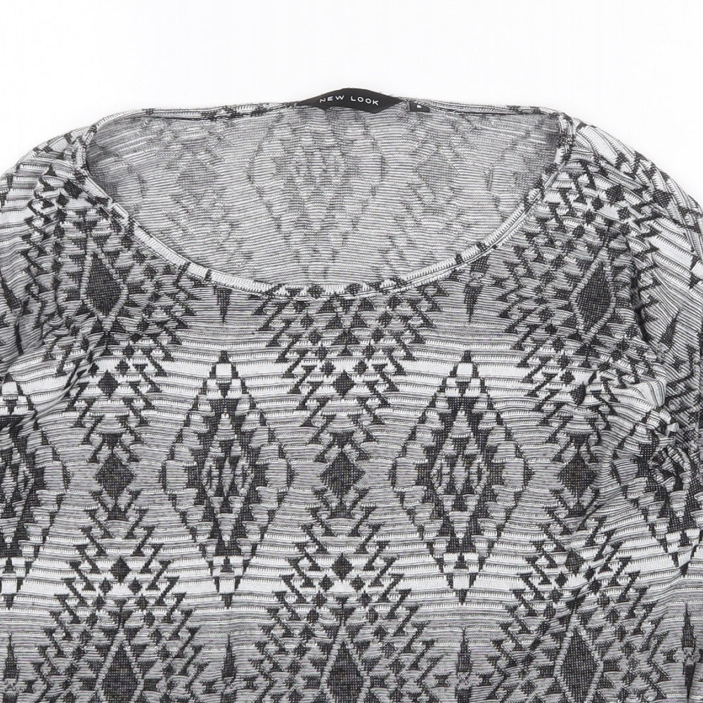 New Look Womens Grey Geometric Polyester Basic T-Shirt Size 8 Round Neck
