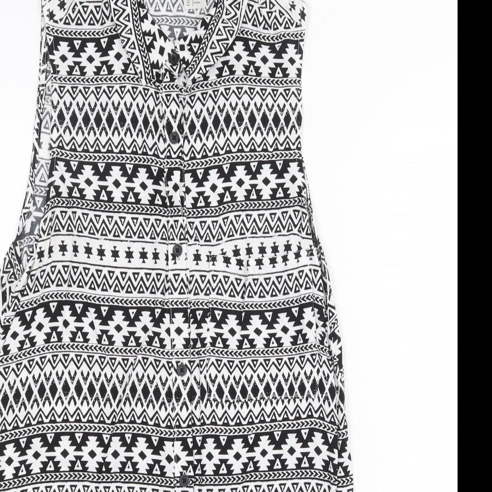 H&M Womens White Geometric Polyester Tunic Tank Size 8 Collared