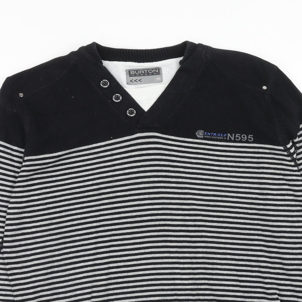 Burton Mens Black V-Neck Striped Cotton Pullover Jumper Size M Long Sleeve