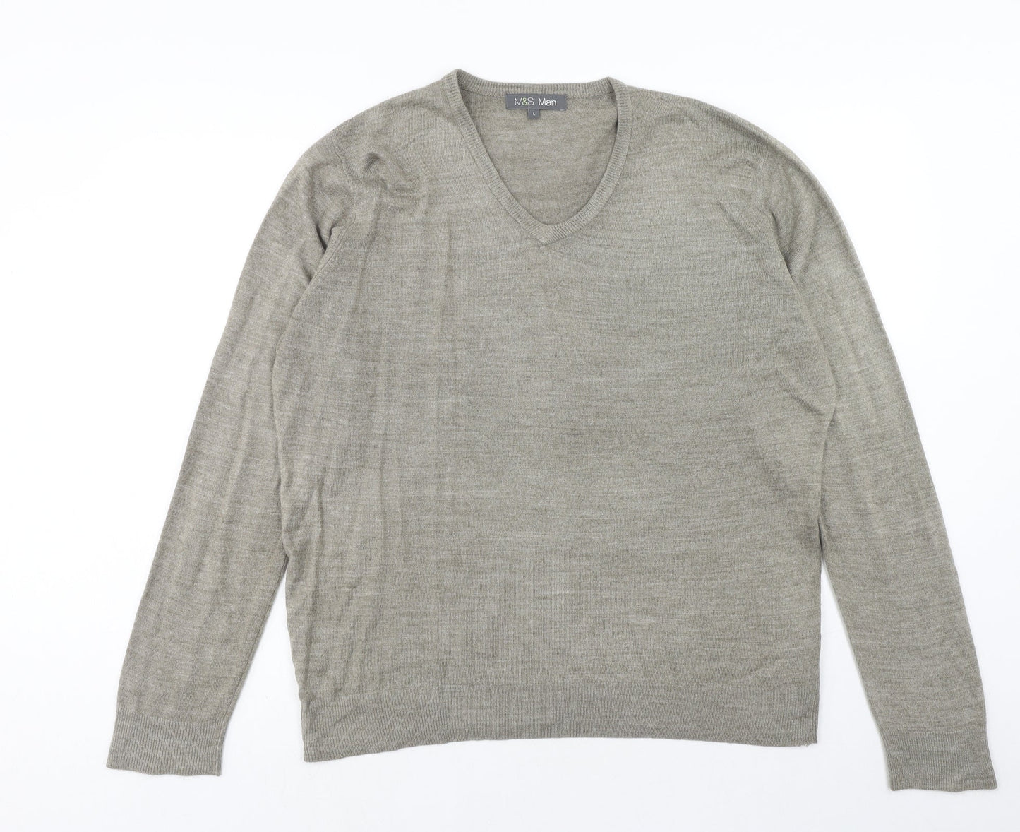 Marks and Spencer Mens Grey V-Neck Acrylic Pullover Jumper Size L Long Sleeve