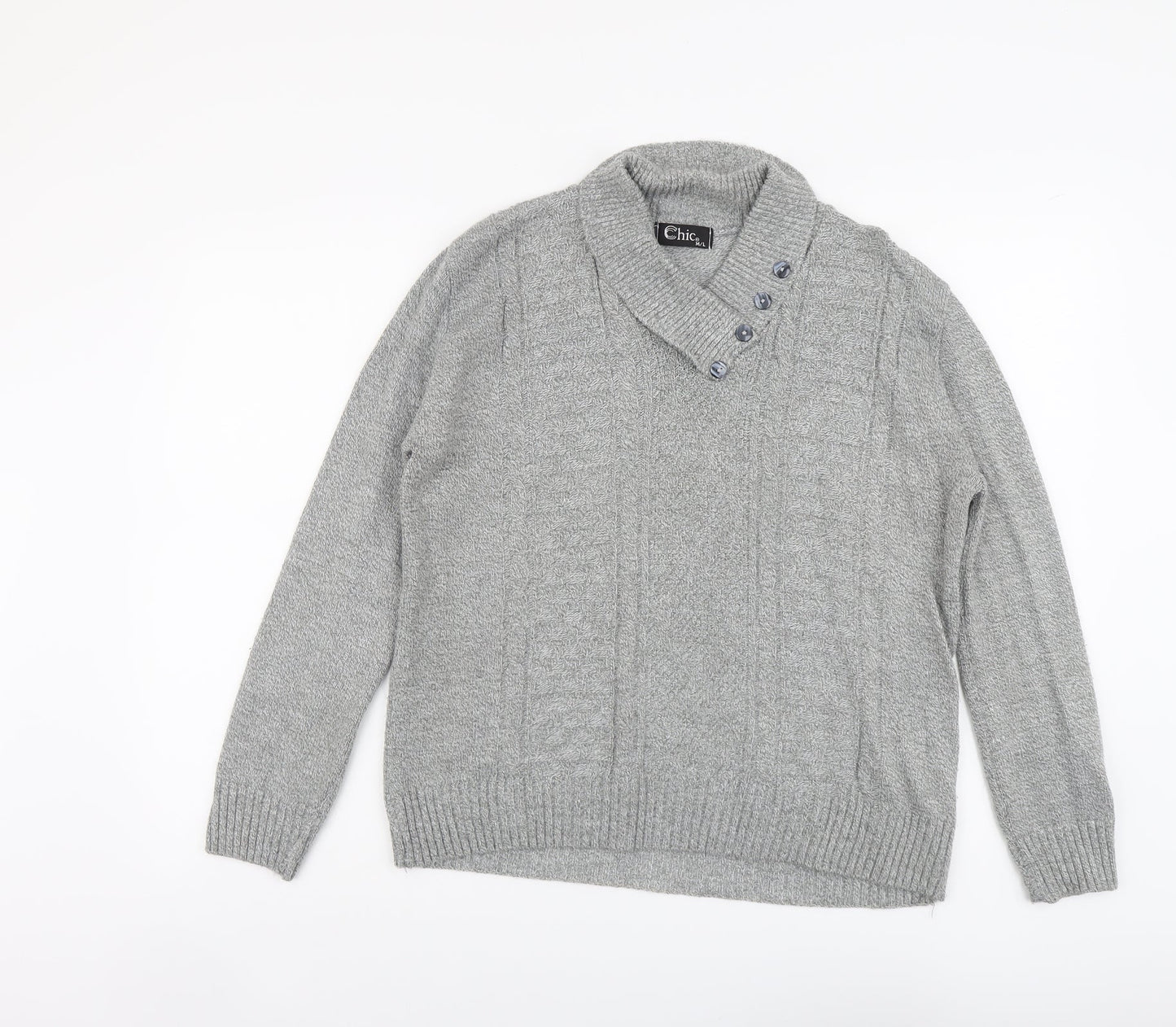 CHIC Womens Grey V-Neck Acrylic Pullover Jumper Size M