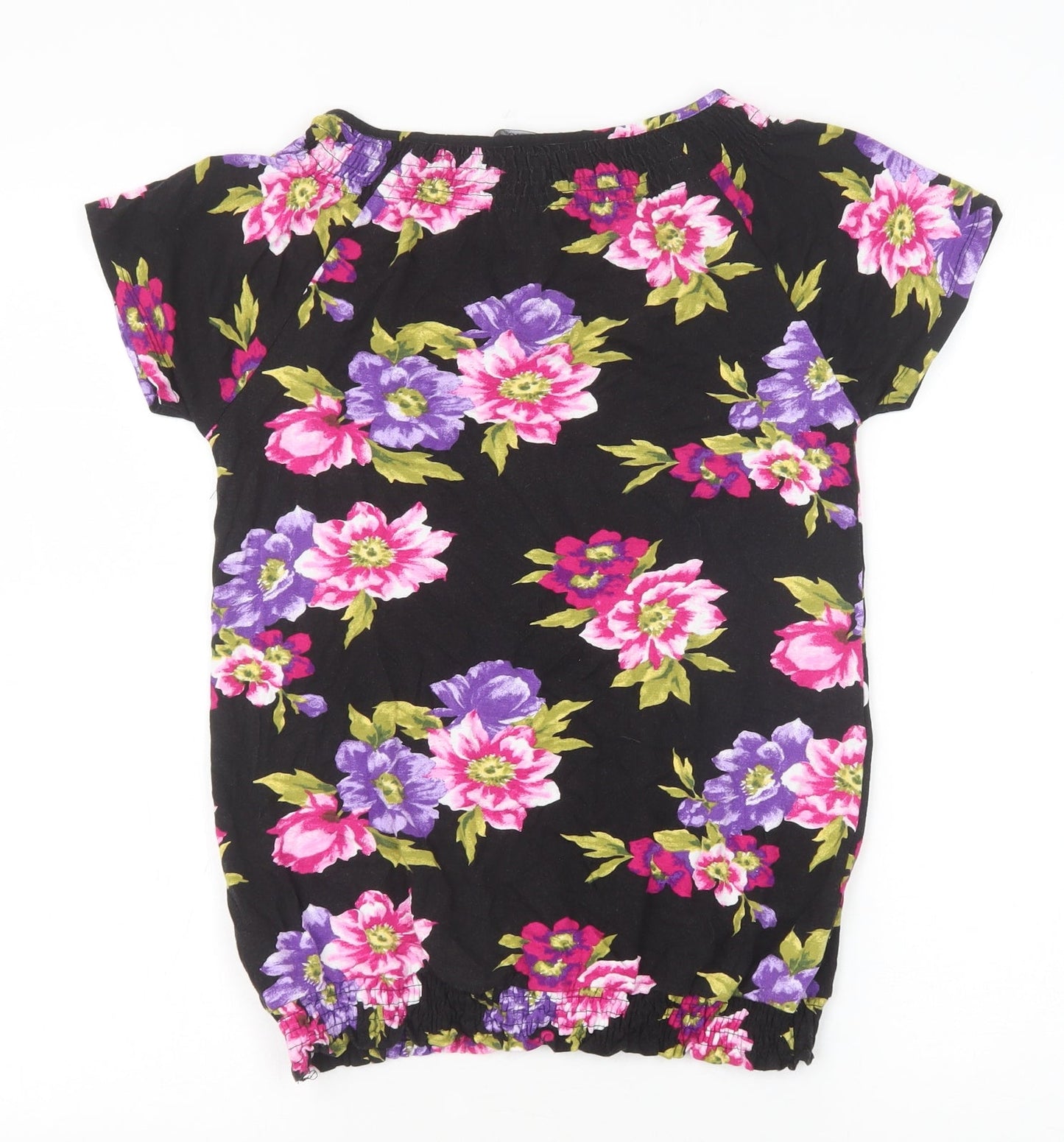 Debenhams Womens Black Floral Viscose Basic T-Shirt Size 10 V-Neck