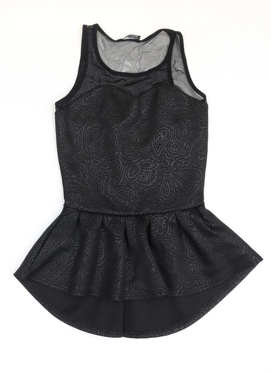Jane Norman Womens Black Geometric Polyester Basic Blouse Size 10 Scoop Neck - Drop hem