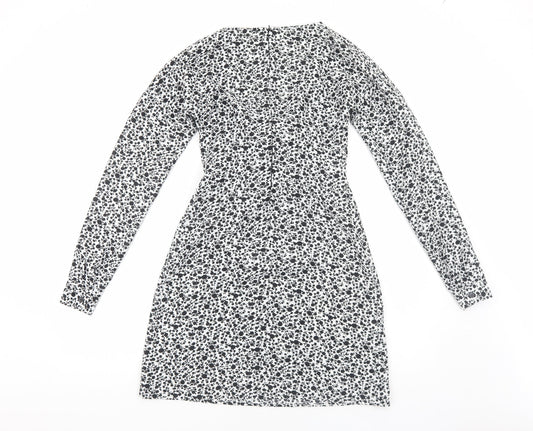 Glamorous Womens White Floral Polyester A-Line Size 8 V-Neck Zip