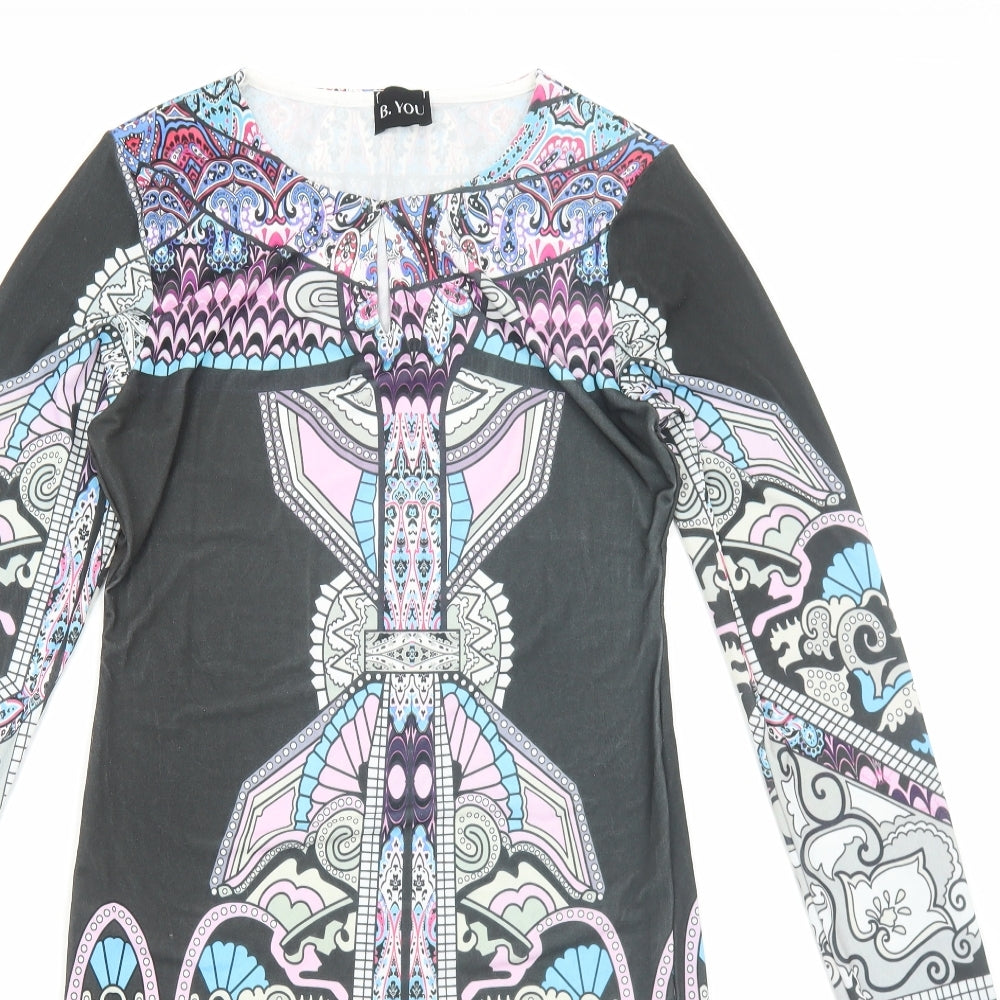 B.You Womens Multicoloured Geometric Polyester Pencil Dress Size 12 Round Neck Pullover