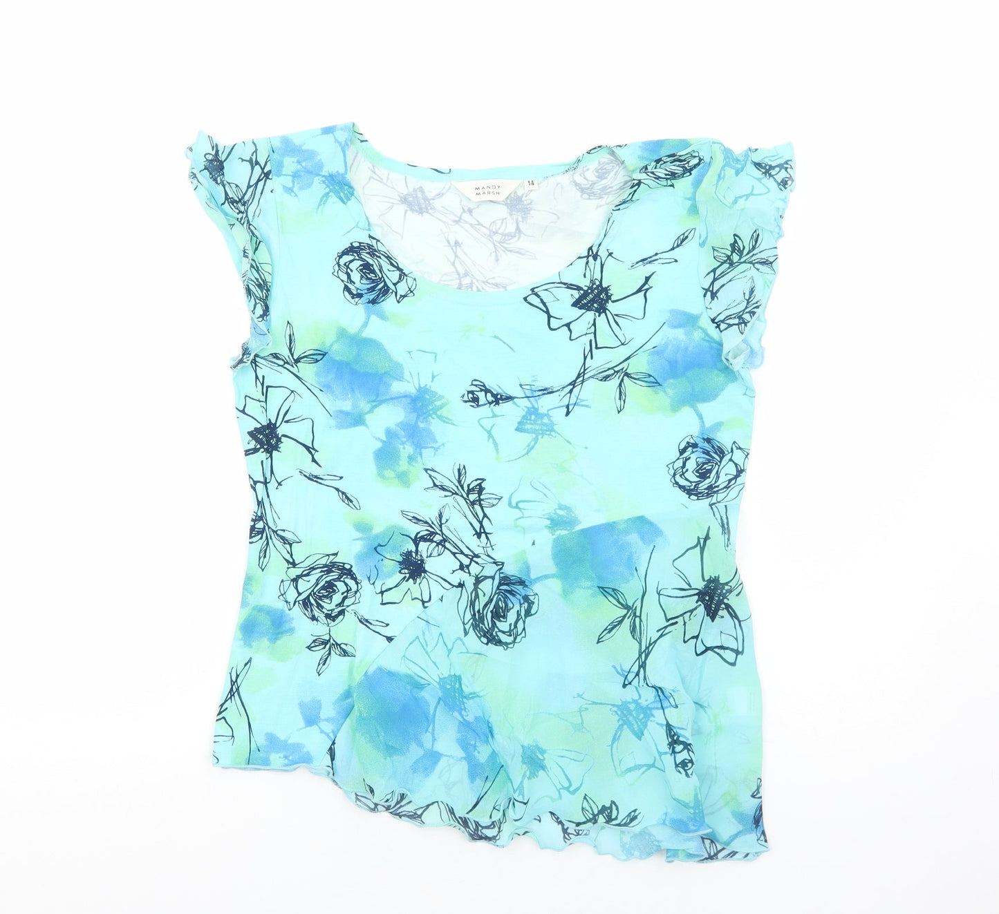Mandy Marsh Womens Blue Floral Polyester Basic Blouse Size 14 Scoop Neck