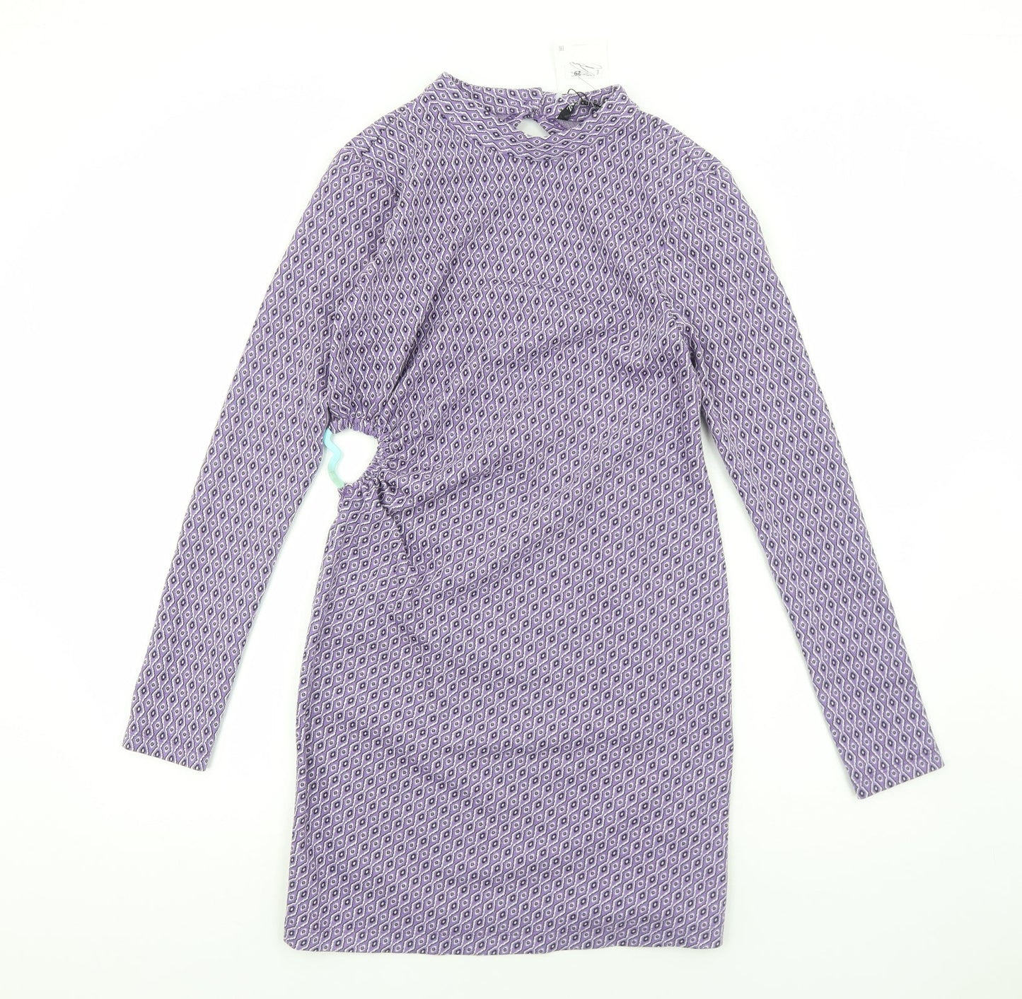 Zara Womens Purple Geometric Viscose Bodycon Size L High Neck Pullover - Cut Out Back Detail