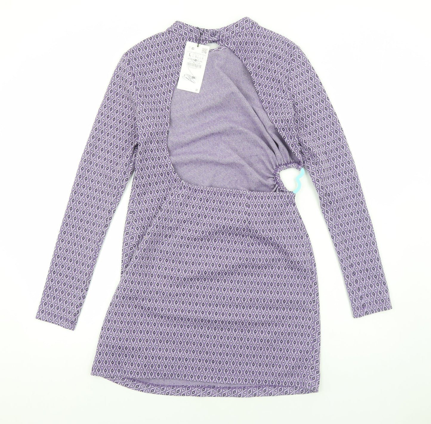 Zara Womens Purple Geometric Viscose Bodycon Size L High Neck Pullover - Cut Out Back Detail