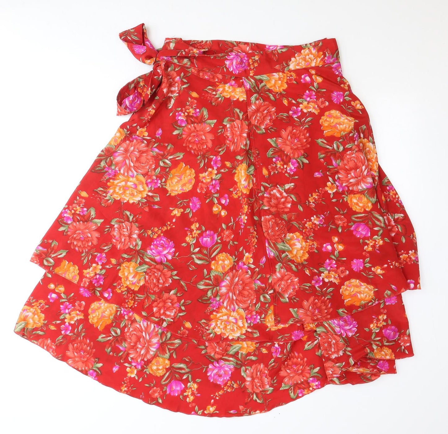 Kaniza Womens Red Floral Polyester Wrap Skirt Size M Tie