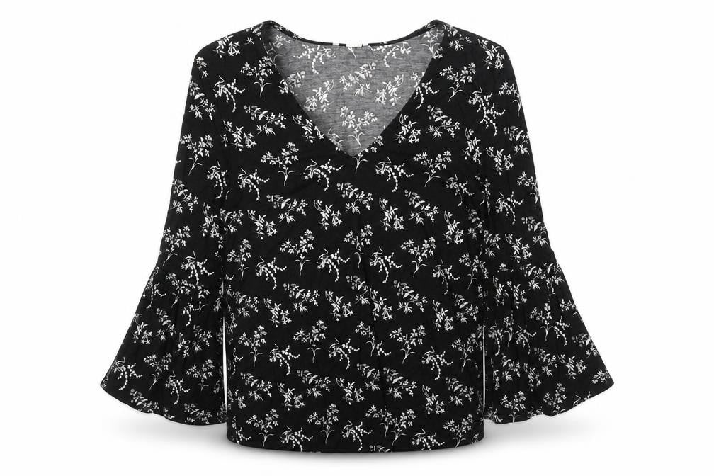 H&M Womens Black Floral Cotton Basic Blouse Size XS V-Neck - Flute Sleeve