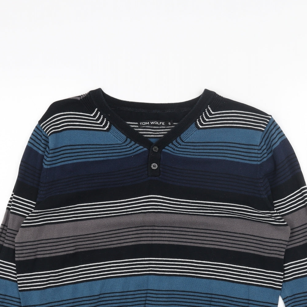 Tom Wolfe Womens Blue V-Neck Striped Acrylic Pullover Jumper Size S