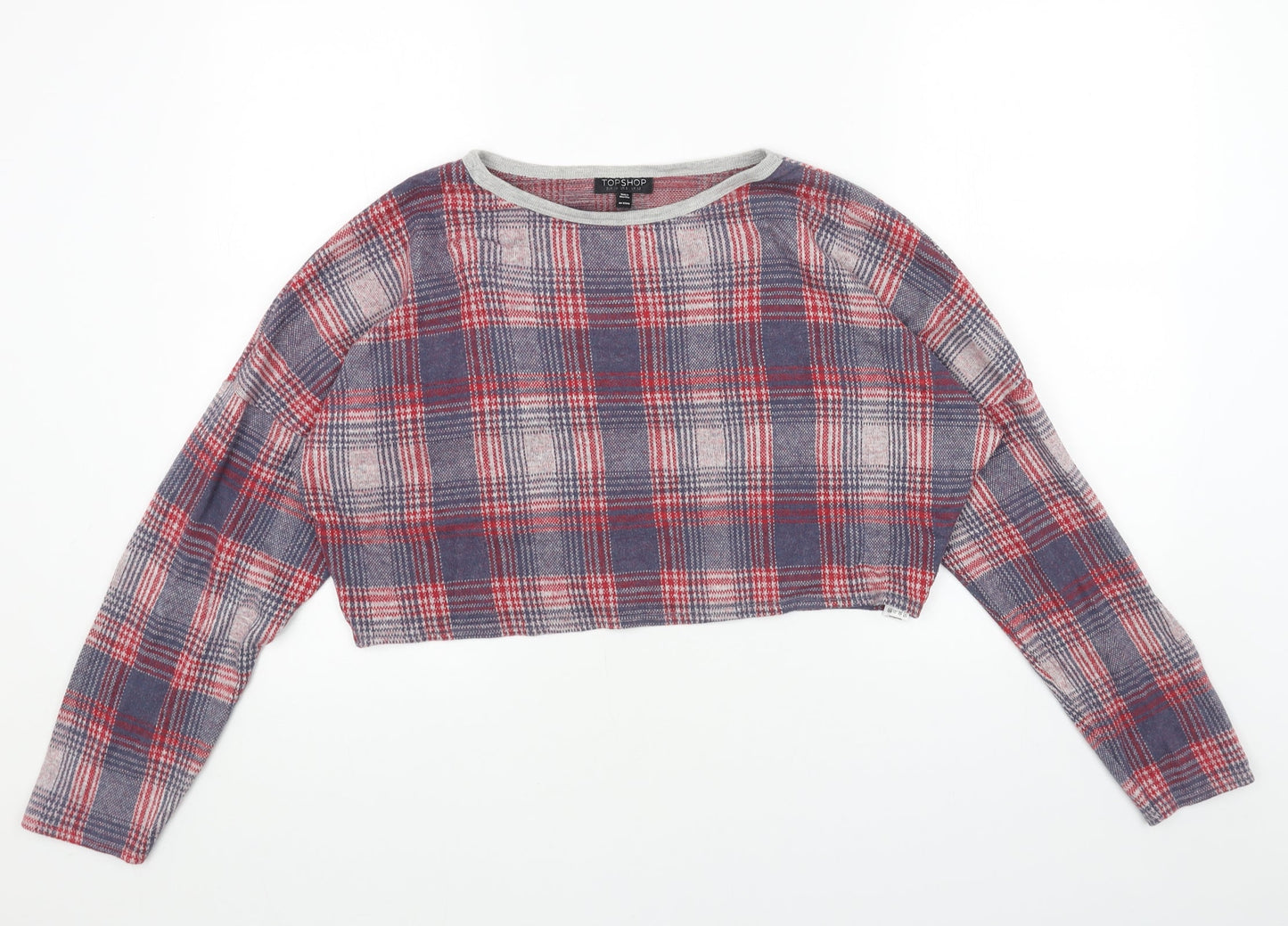 Topshop Womens Red Boat Neck Plaid Acrylic Pullover Jumper Size 10 - Cropped