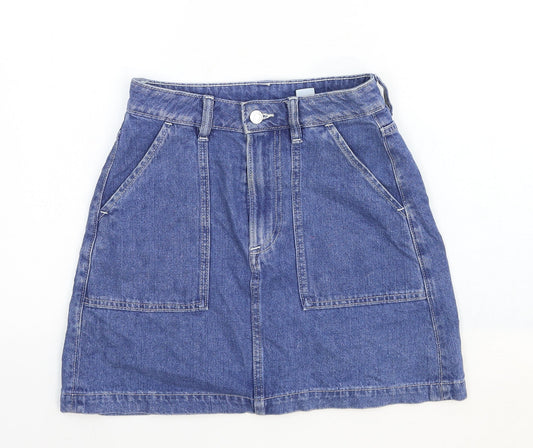 &Denim Womens Blue Cotton A-Line Skirt Size 6 Zip