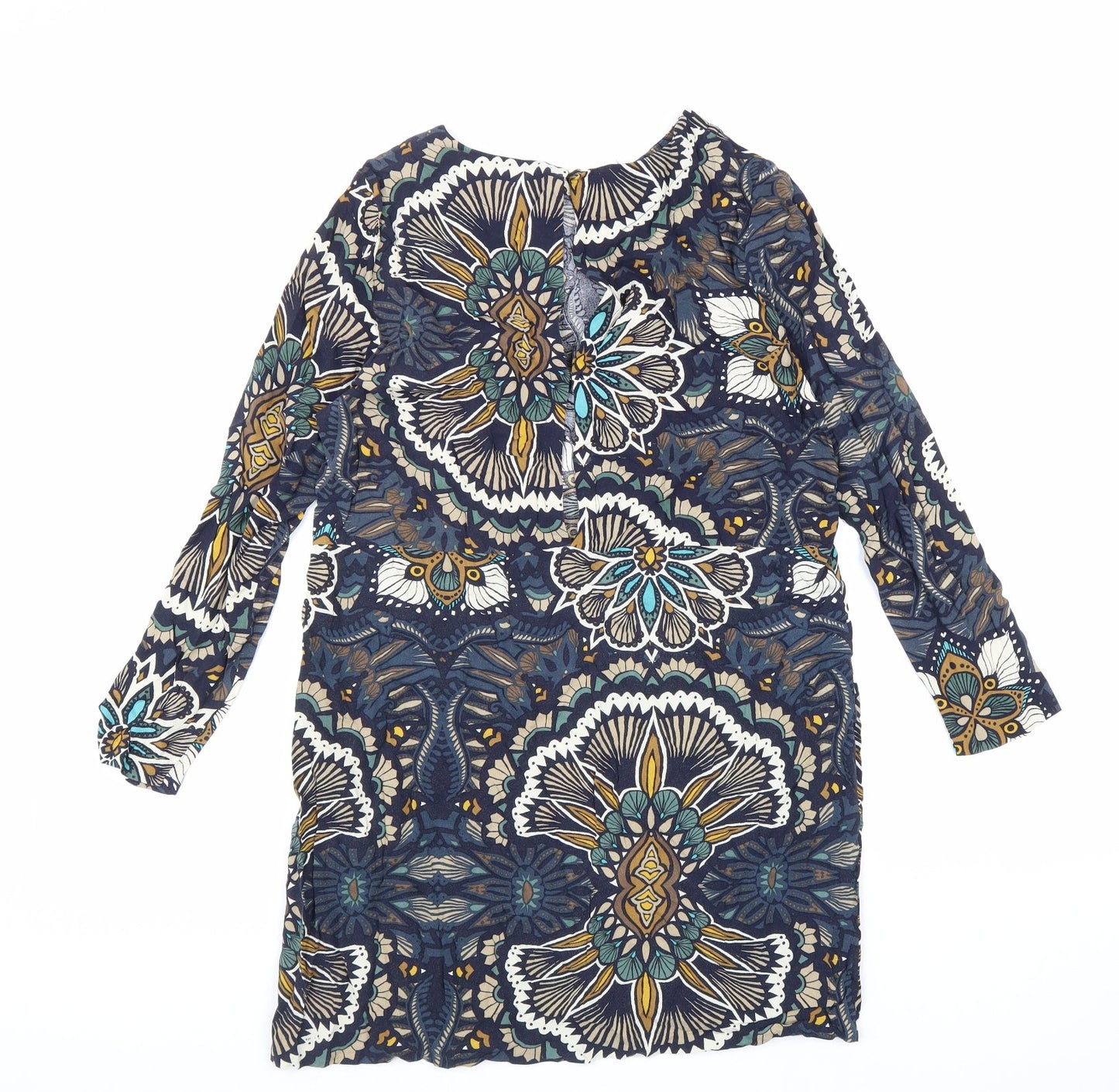 H&M Womens Multicoloured Geometric Viscose A-Line Size 12 Crew Neck Button