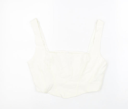 Stradivarius Womens White Polyester Cropped Tank Size L Square Neck
