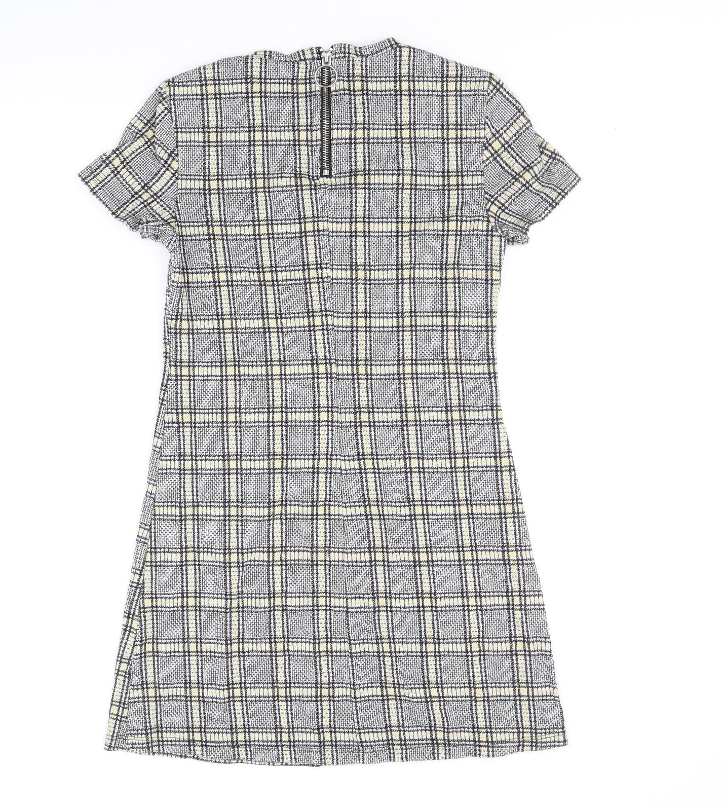 Preworn Womens Black Plaid Cotton A-Line Size 8 Scoop Neck Zip