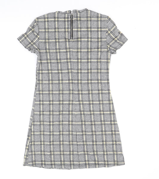 Preworn Womens Black Plaid Cotton A-Line Size 8 Scoop Neck Zip