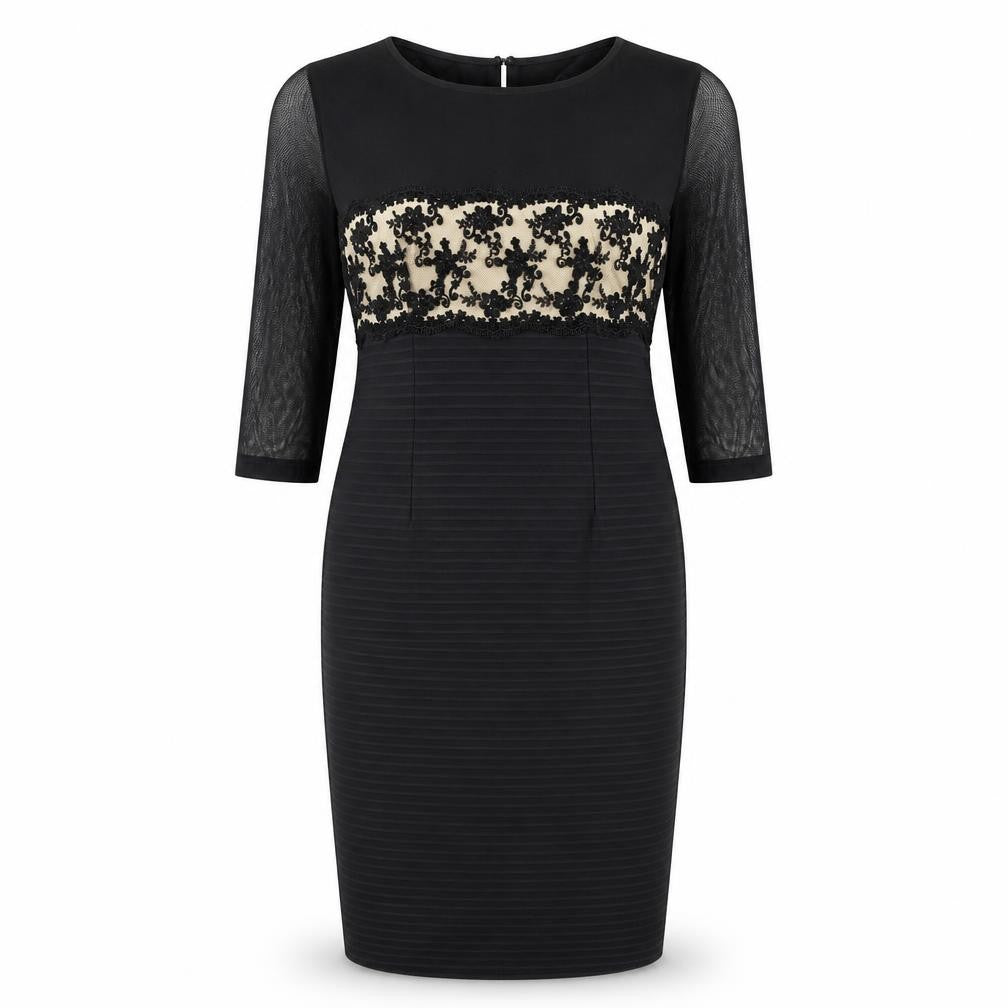 Linear Womens Black Floral Polyester Pencil Dress Size 12 Boat Neck Zip - Mesh Sleeve Detail, Lace Panel