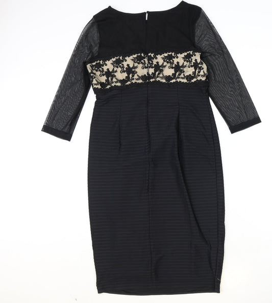 Linear Womens Black Floral Polyester Pencil Dress Size 12 Boat Neck Zip - Mesh Sleeve Detail, Lace Panel
