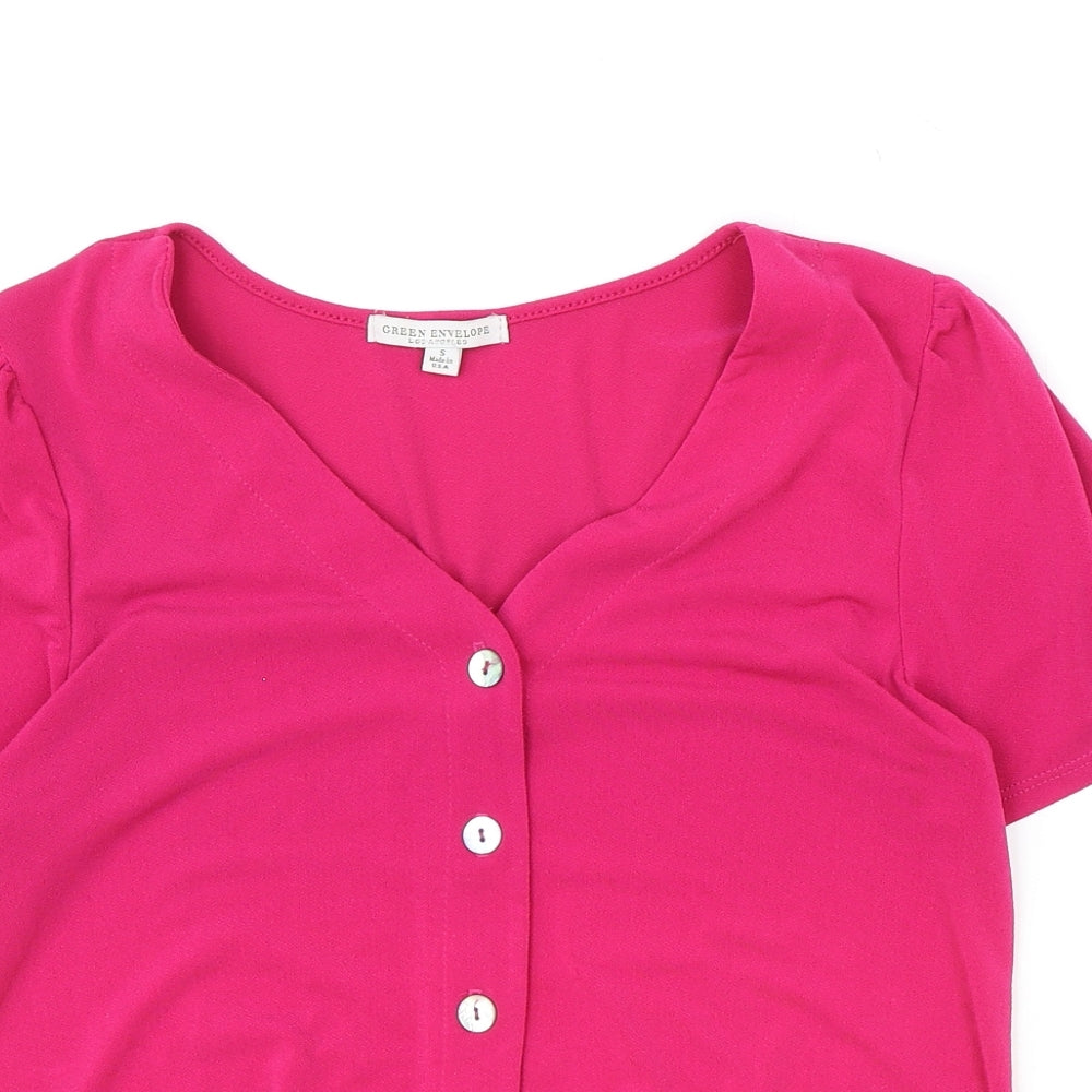 Green Envelope Womens Pink Polyester Basic Blouse Size S V-Neck