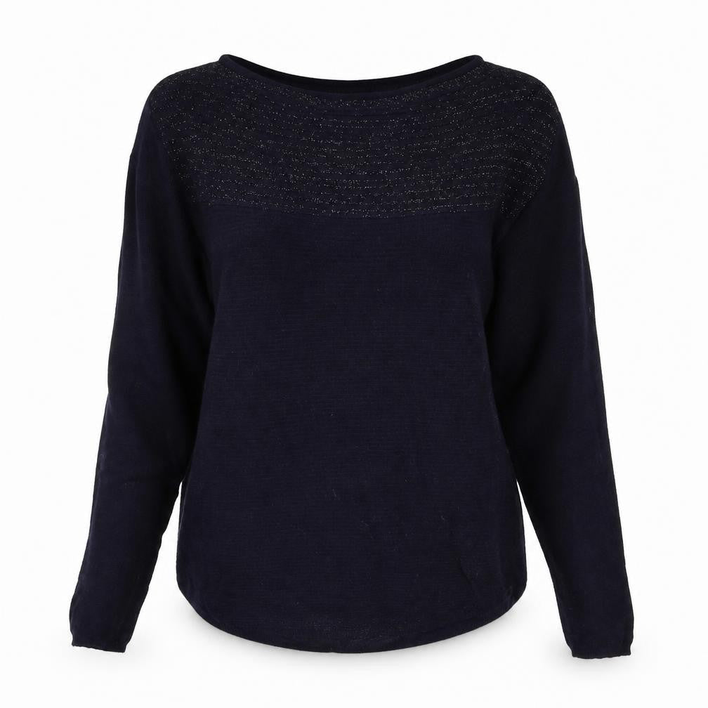 Front view of ESPRIT women’s blue boat neck polyamide jumper, size XS, pullover