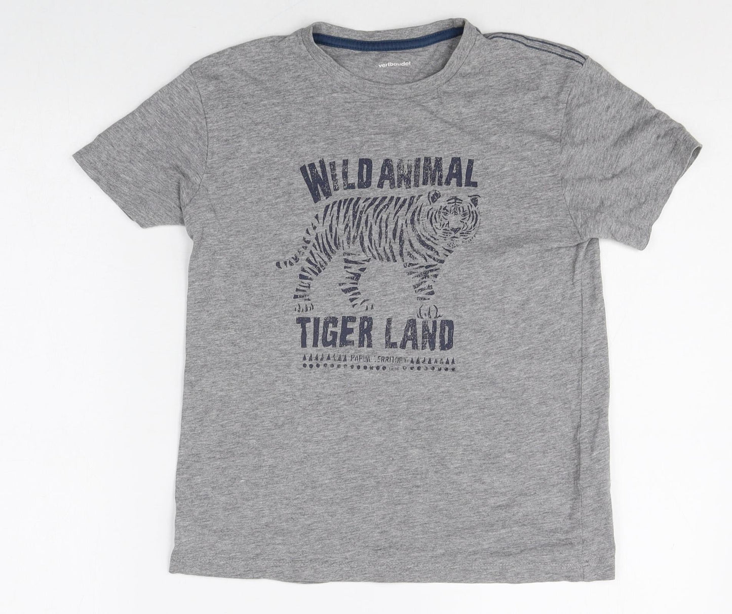 Vertbaudet Boys Grey Cotton Basic T-Shirt Size 10 Years Round Neck Pullover - Tiger