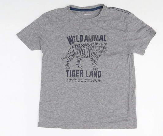 Vertbaudet Boys Grey Cotton Basic T-Shirt Size 10 Years Round Neck Pullover - Tiger