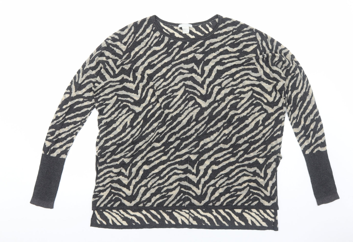 H&M Womens Grey Round Neck Animal Print Acrylic Pullover Jumper Size S - Zebra print
