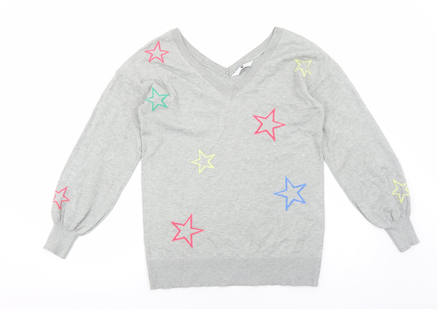 Very Womens Grey V-Neck Geometric Viscose Pullover Jumper Size 10 - Star Print