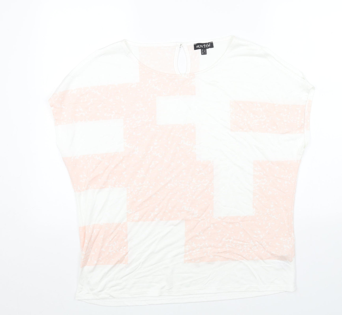 Marble Womens White Geometric Cotton Basic T-Shirt Size L Round Neck