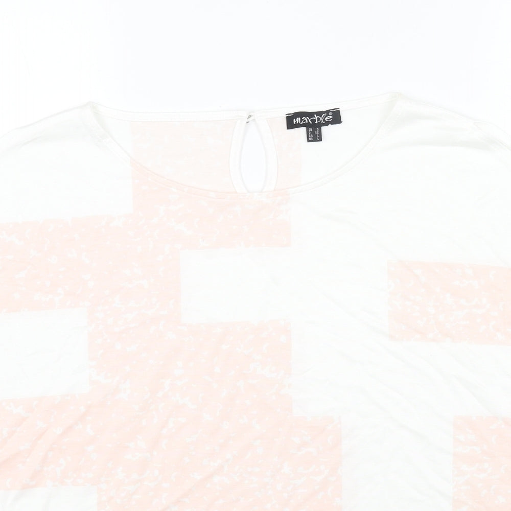 Marble Womens White Geometric Cotton Basic T-Shirt Size L Round Neck