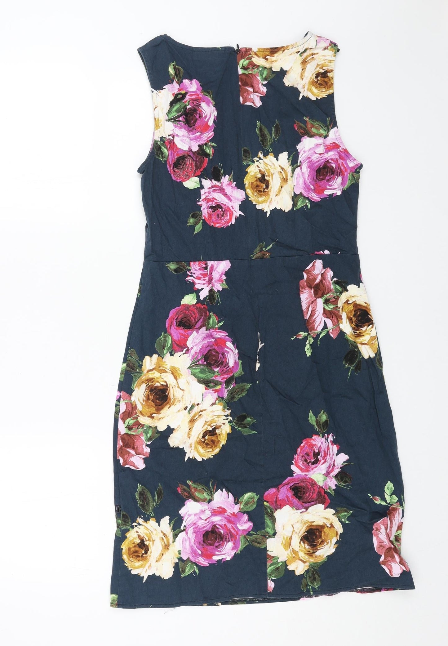 Paraphrase Womens Blue Floral Cotton Pencil Dress Size 10 Boat Neck Zip